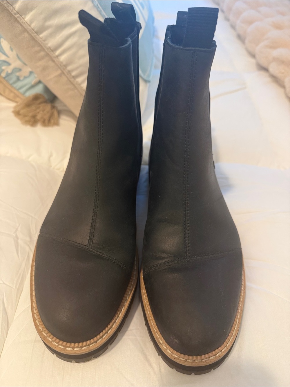 Toms Black Leather Chelsea Booties with Lug Sole